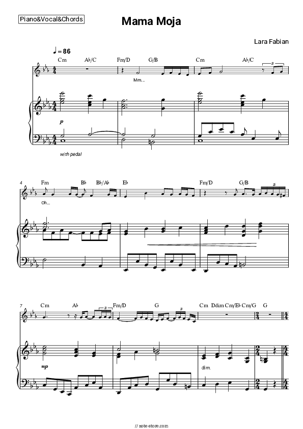 Moma Moja - Lara Fabian, Igor Krutoy Piano Sheet Music with the Vocal and Chords - Piano&Vocal&Chords