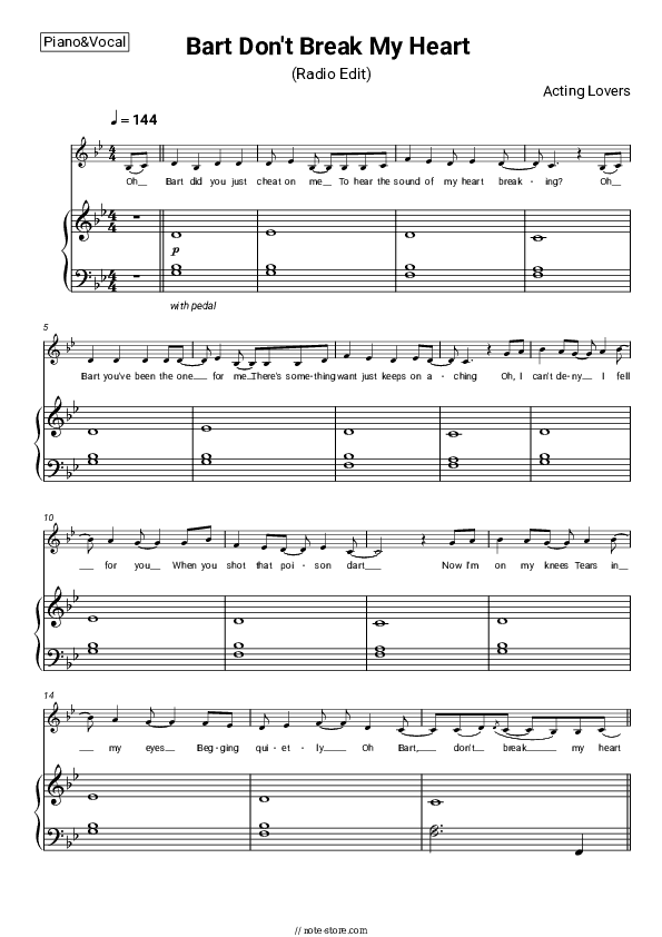 Bart Don't Break My Heart (Radio Edit) - Acting Lovers Piano Sheet Music with the Voice part - Piano&Vocal