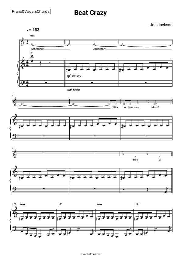 Beat Crazy - Joe Jackson Piano Sheet Music with the Vocal and Chords - Piano&Vocal&Chords