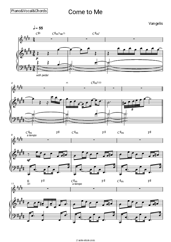 Come to Me - Vangelis Piano Sheet Music with the Vocal and Chords - Piano&Vocal&Chords