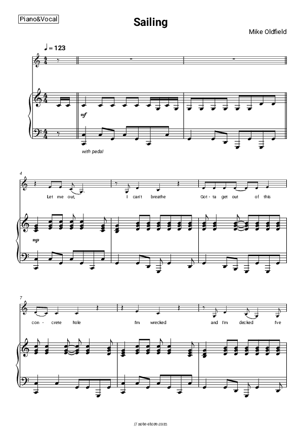 Sailing - Mike Oldfield Piano Sheet Music with the Voice part - Piano&Vocal