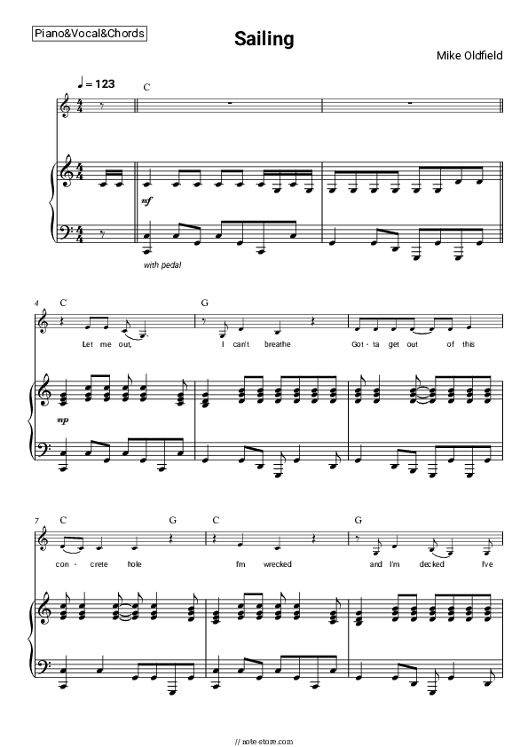 Sailing - Mike Oldfield Piano Sheet Music with the Vocal and Chords - Piano&Vocal&Chords