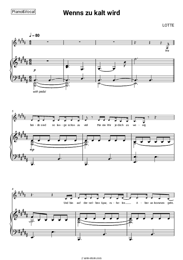 Wenn’s zu kalt wird - LOTTE Piano Sheet Music with the Voice part - Piano&Vocal