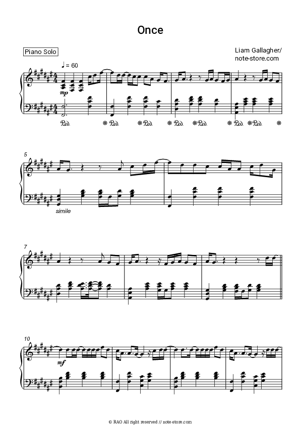Once - Liam Gallagher Piano Sheet Music - Piano.Solo