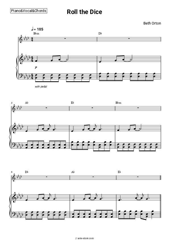 Roll the Dice - Beth Orton Piano Sheet Music with the Vocal and Chords - Piano&Vocal&Chords