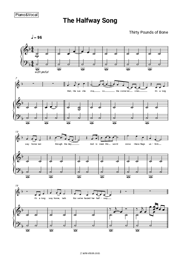 The Halfway Song - Thirty Pounds of Bone, Philip Reeder Piano Sheet Music with the Voice part - Piano&Vocal