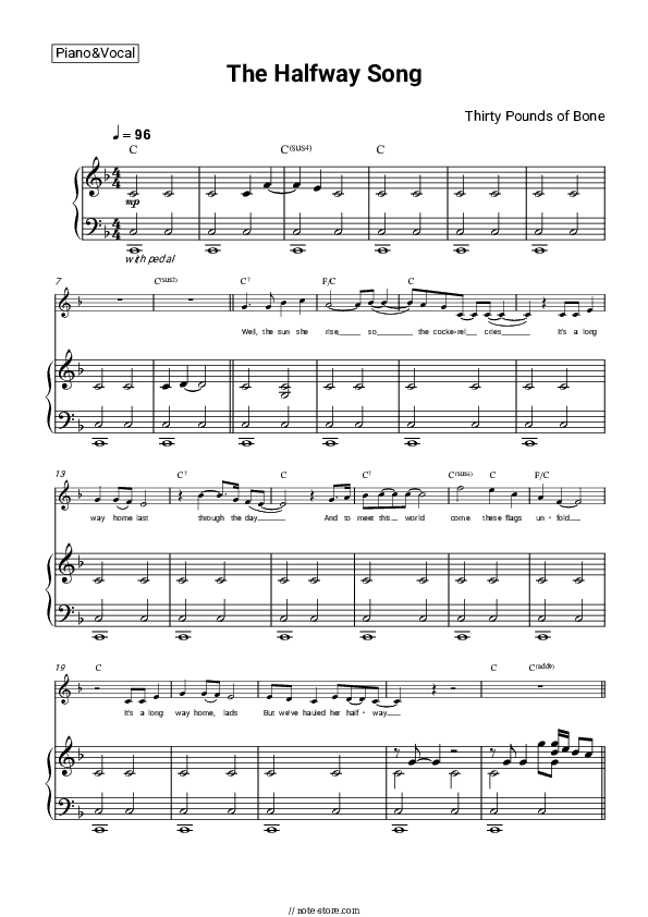 The Halfway Song - Thirty Pounds of Bone, Philip Reeder Piano Sheet Music with the Vocal and Chords - Piano&Vocal&Chords