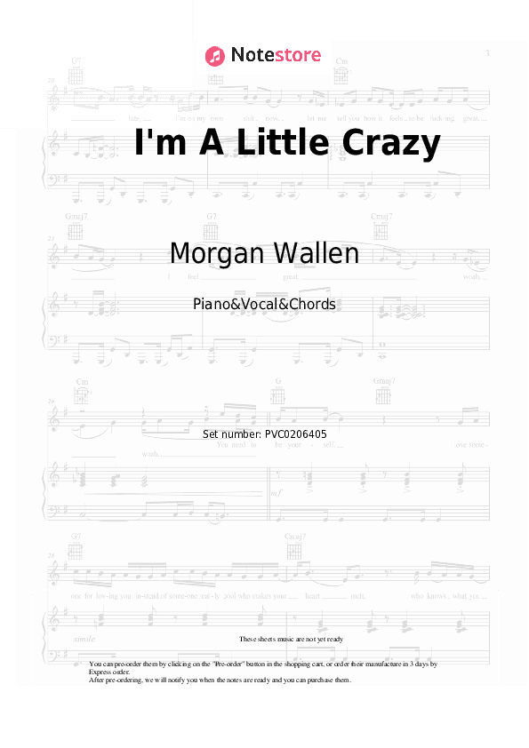I'm A Little Crazy - Morgan Wallen Piano Sheet Music with the Vocal and Chords - Piano&Vocal&Chords