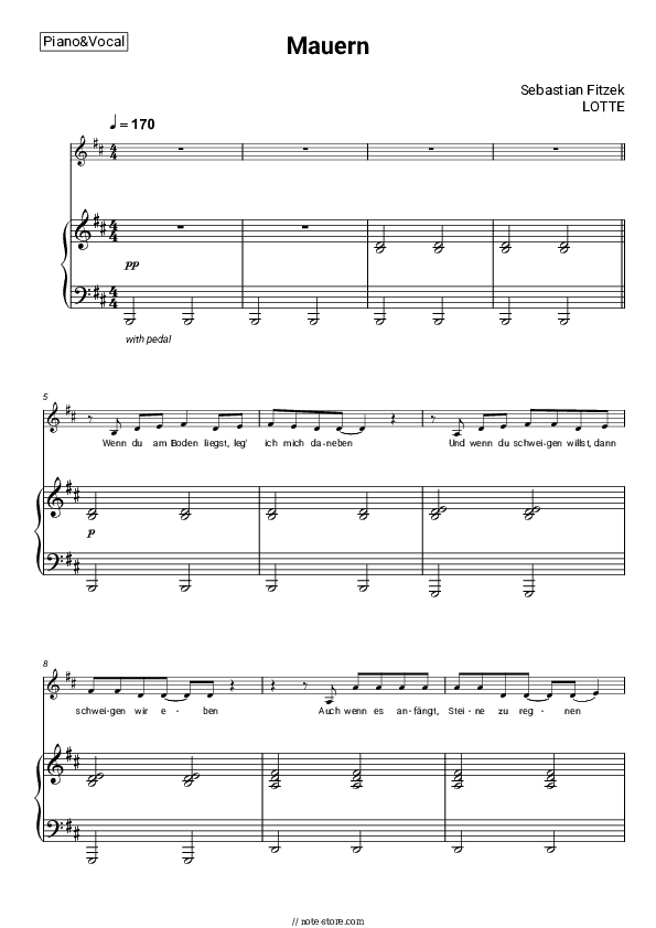 Mauern - Sebastian Fitzek, LOTTE Piano Sheet Music with the Voice part - Piano&Vocal