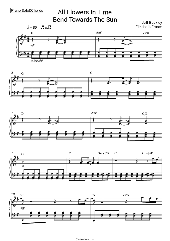 All Flowers In Time Bend Towards The Sun - Jeff Buckley, Elizabeth Fraser Piano Sheet Music and Chords - Piano.Solo&Chords