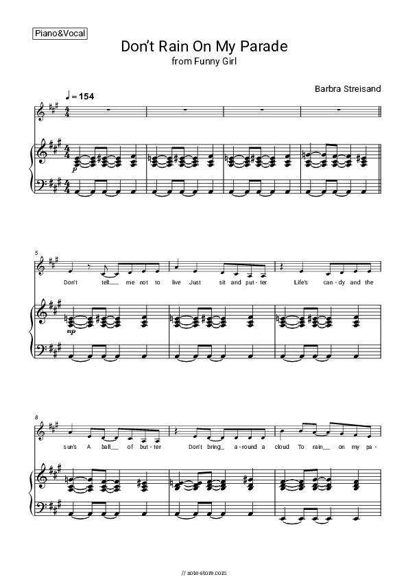 Don’t Rain On My Parade - Barbra Streisand Piano Sheet Music with the Voice part - Piano&Vocal