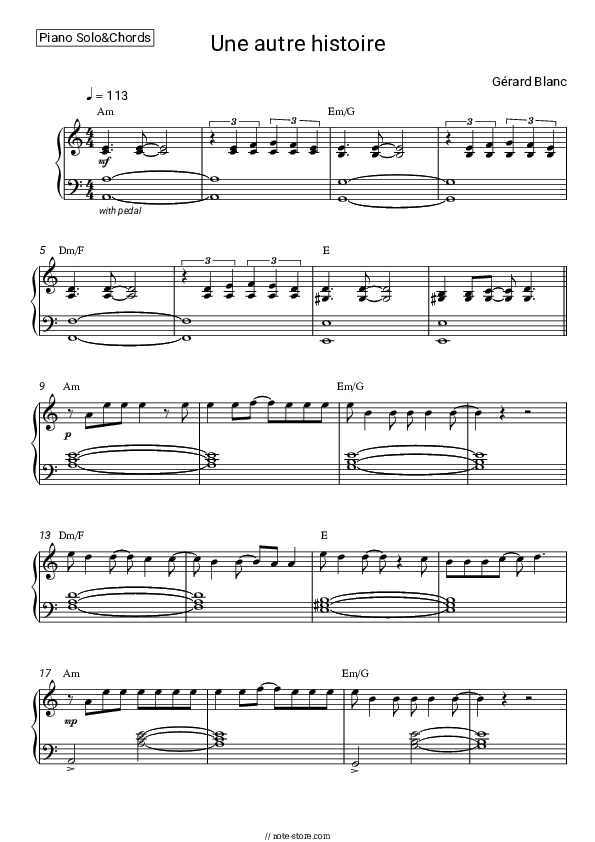 Une autre histoire - Gérard Blanc Piano Sheet Music and Chords - Piano.Solo&Chords