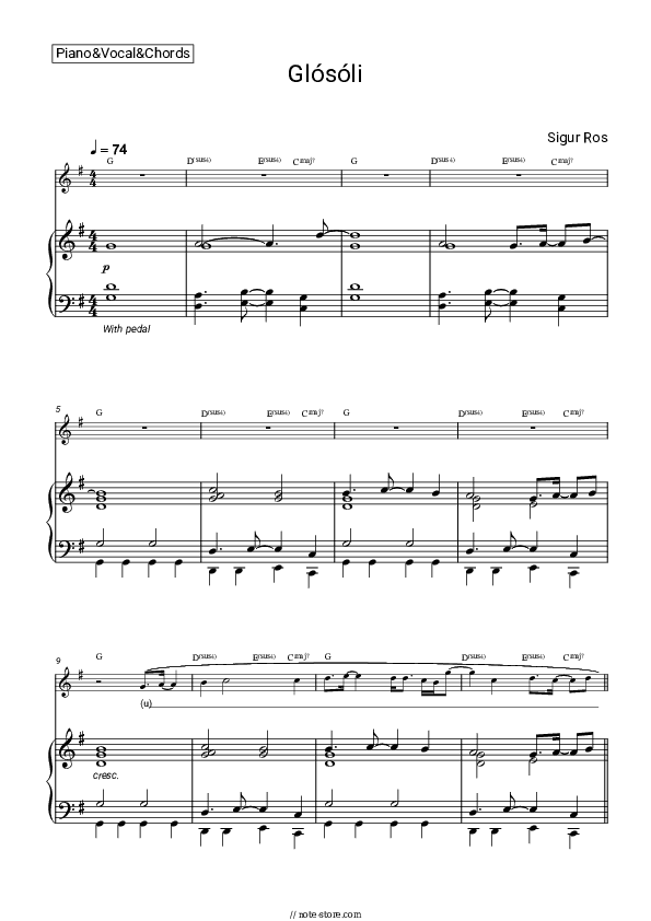 Glósóli - Sigur Rós Piano Sheet Music with the Vocal and Chords - Piano&Vocal&Chords