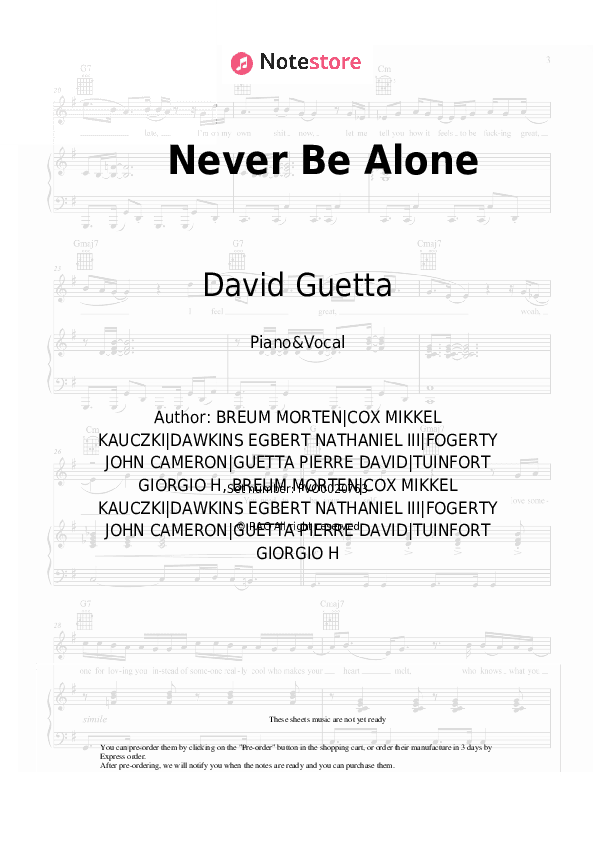 Never Be Alone - David Guetta, Aloe Blacc, MORTEN Piano Sheet Music with the Voice part - Piano&Vocal