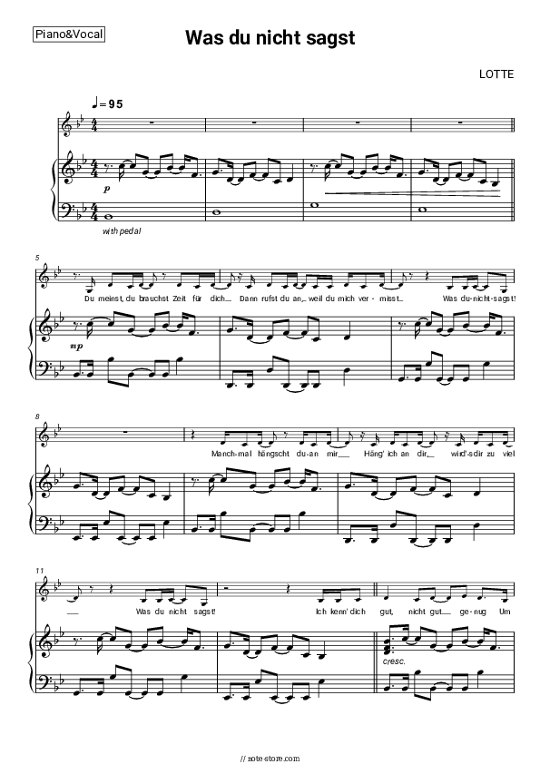 Was du nicht sagst - LOTTE Piano Sheet Music with the Voice part - Piano&Vocal