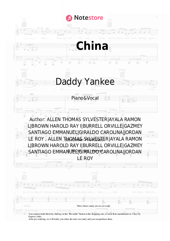 China - Daddy Yankee, J Balvin, Ozuna, Anuel AA, Karol G Piano Sheet Music with the Voice part - Piano&Vocal
