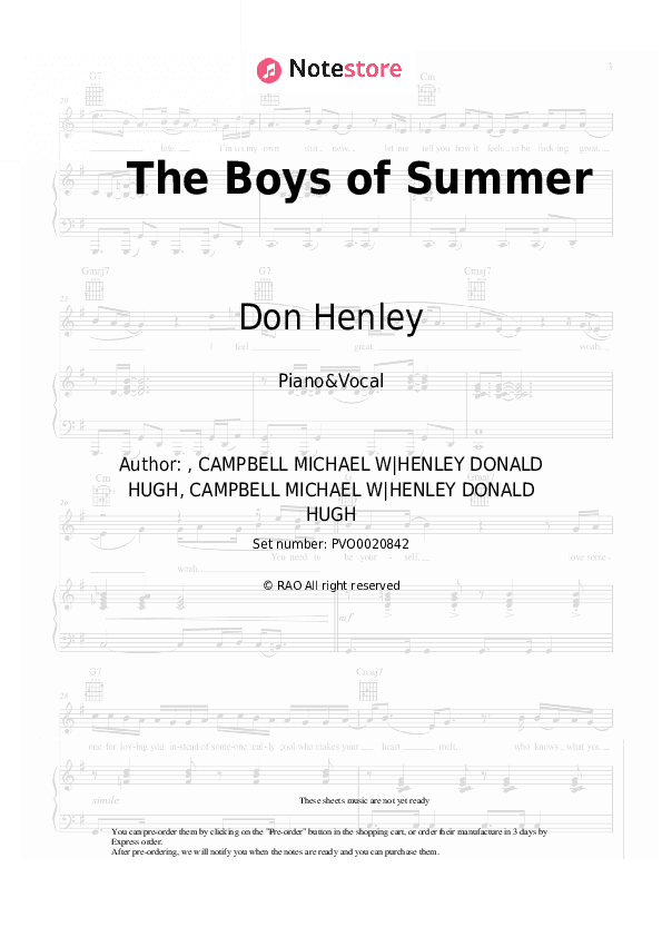 The Boys of Summer - Don Henley Piano Sheet Music with the Voice part - Piano&Vocal