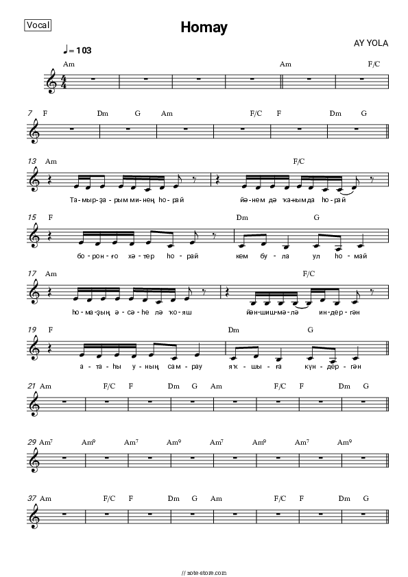 Homay - AY YOLA Vocal Sheet Music - Vocal