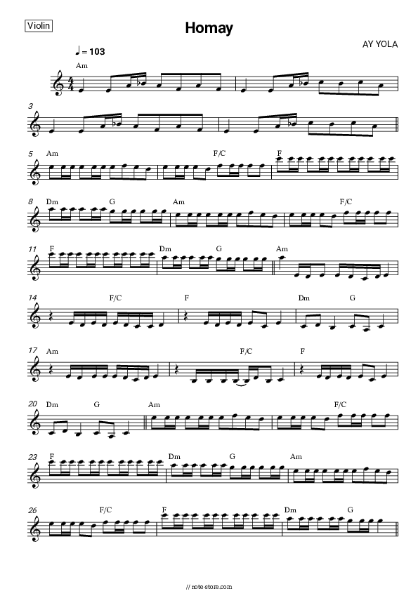 Homay - AY YOLA Violin Sheet Music - Violin