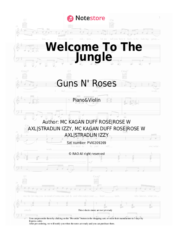 Welcome To The Jungle - Guns N' Roses Piano Sheet Music and Violin - Piano&Violin