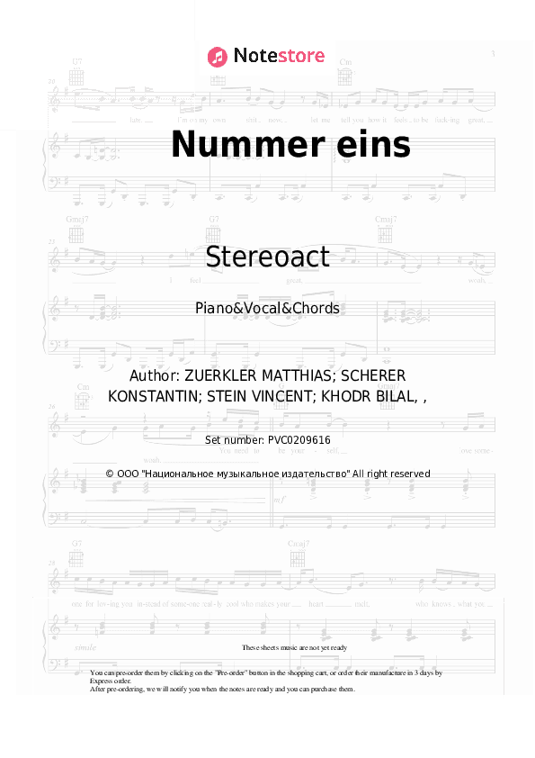 Nummer eins - Stereoact, Chris Cronauer Piano Sheet Music with the Vocal and Chords - Piano&Vocal&Chords