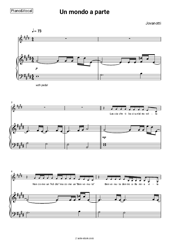 Un mondo a parte - Jovanotti Piano Sheet Music with the Voice part - Piano&Vocal