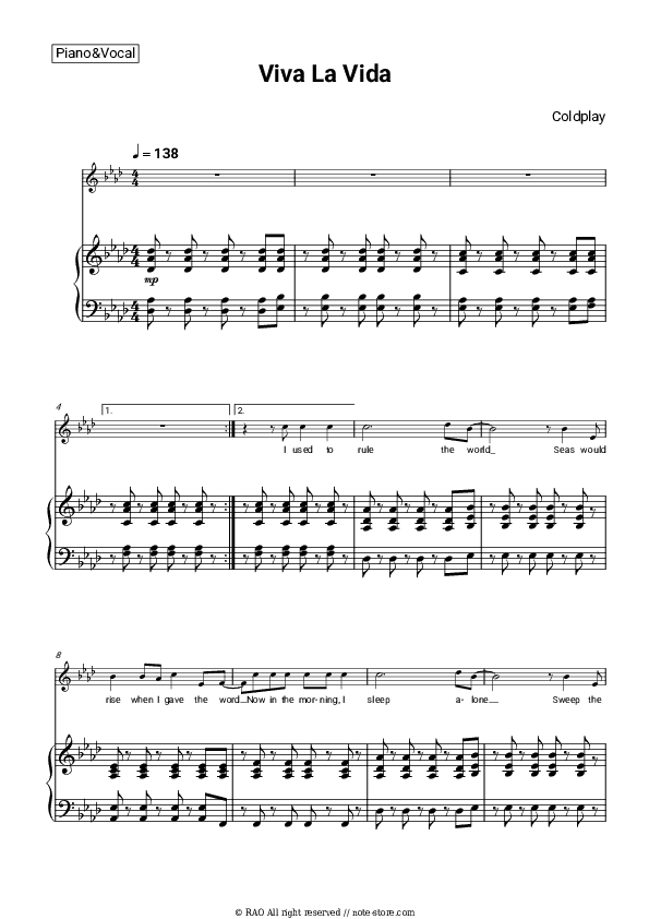 Viva La Vida - Coldplay Piano Sheet Music with the Voice part - Piano&Vocal