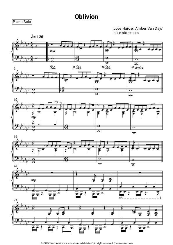 Oblivion - Love Harder, Amber Van Day Piano Sheet Music - Piano.Solo