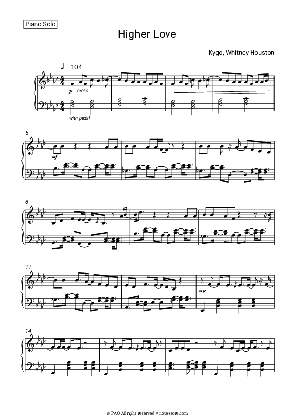 Higher Love - Kygo, Whitney Houston Piano Sheet Music - Piano.Solo