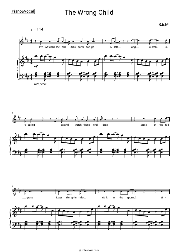 The Wrong Child - R.E.M. Piano Sheet Music with the Voice part - Piano&Vocal