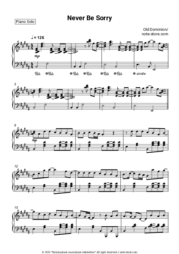 Never Be Sorry - Old Dominion Piano Sheet Music - Piano.Solo