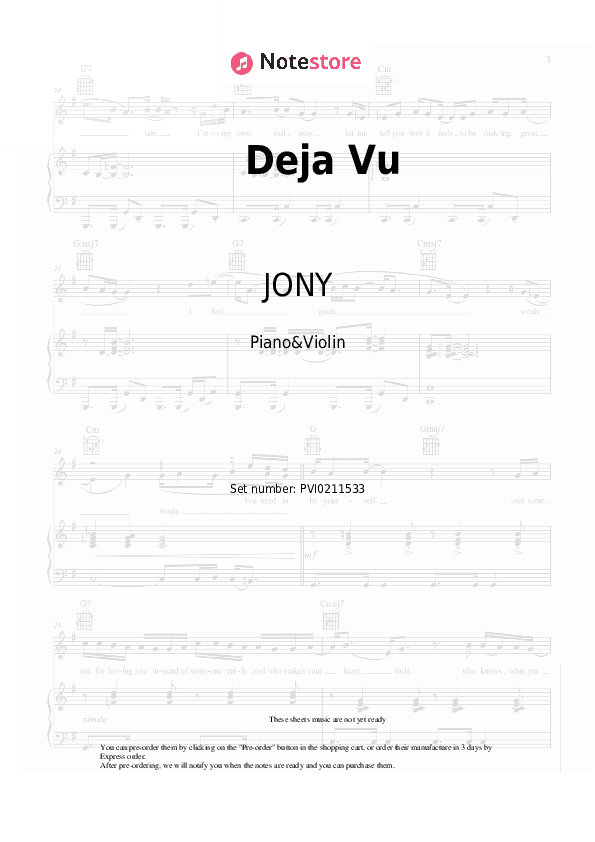 Deja Vu - JONY Piano Sheet Music and Violin - Piano&Violin