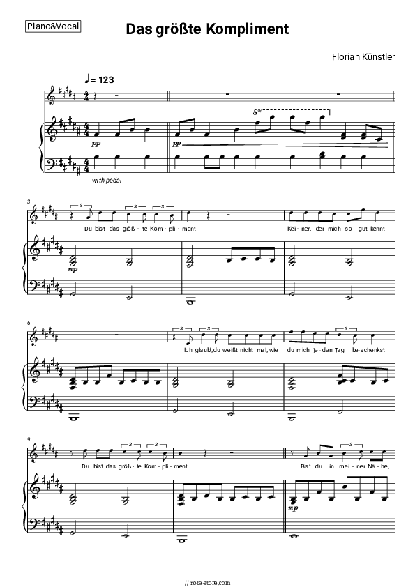 Das größte Kompliment - Florian Künstler Piano Sheet Music with the Voice part - Piano&Vocal