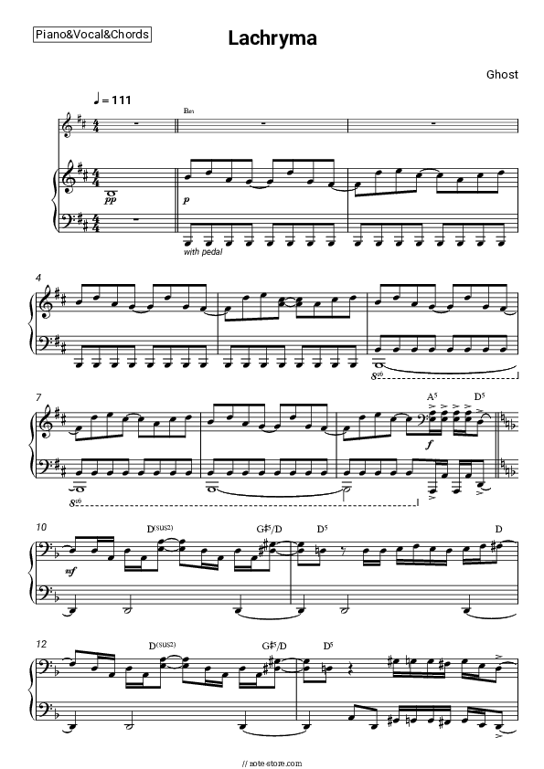 Lachryma - Ghost Piano Sheet Music with the Vocal and Chords - Piano&Vocal&Chords