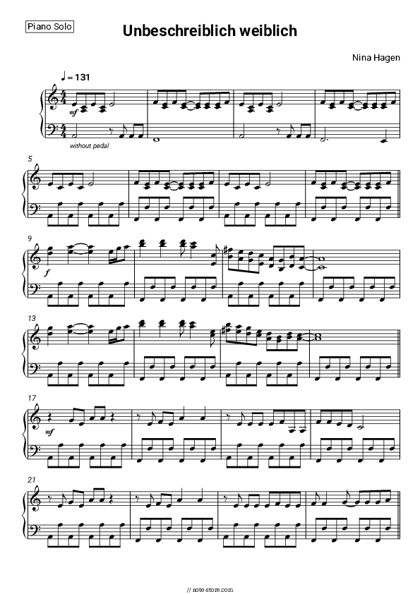 Unbeschreiblich weiblich - Nina Hagen Piano Sheet Music - Piano.Solo
