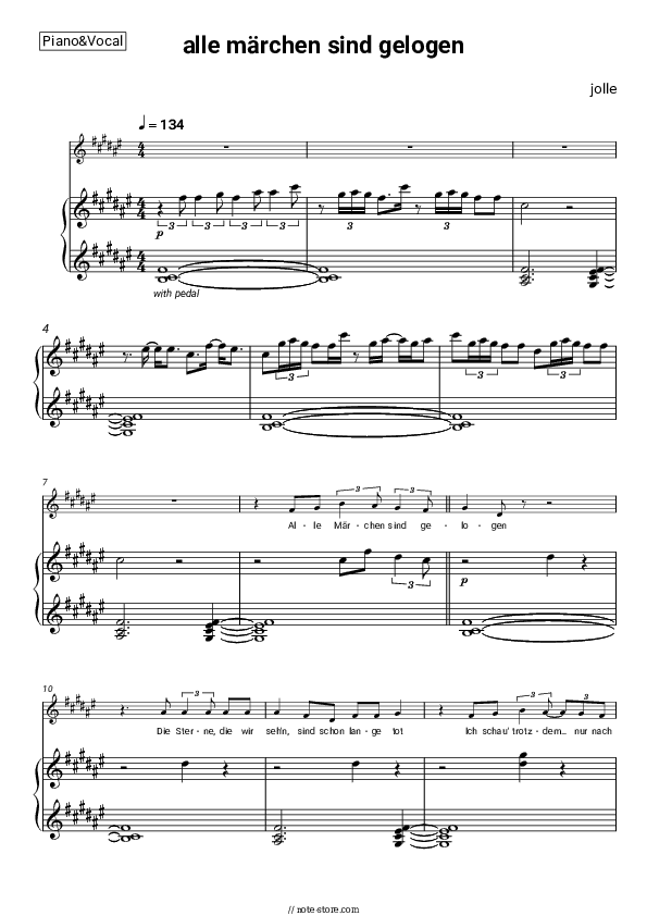alle märchen sind gelogen - jolle Piano Sheet Music with the Voice part - Piano&Vocal