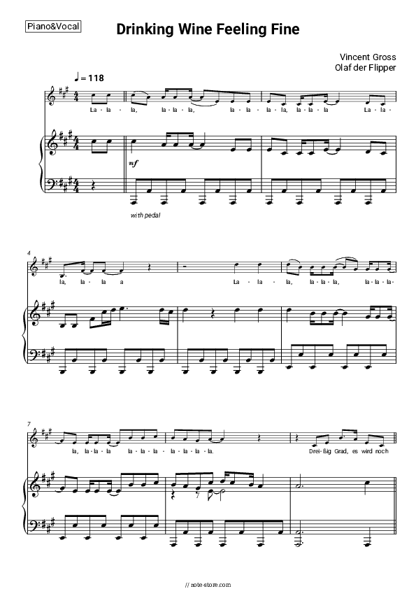 Drinking Wine Feeling Fine - Vincent Gross, Olaf der Flipper Piano Sheet Music with the Voice part - Piano&Vocal