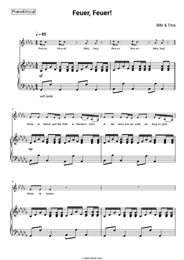 Feuer, Feuer! - Bibi & Tina Piano Sheet Music with the Voice part - Piano&Vocal