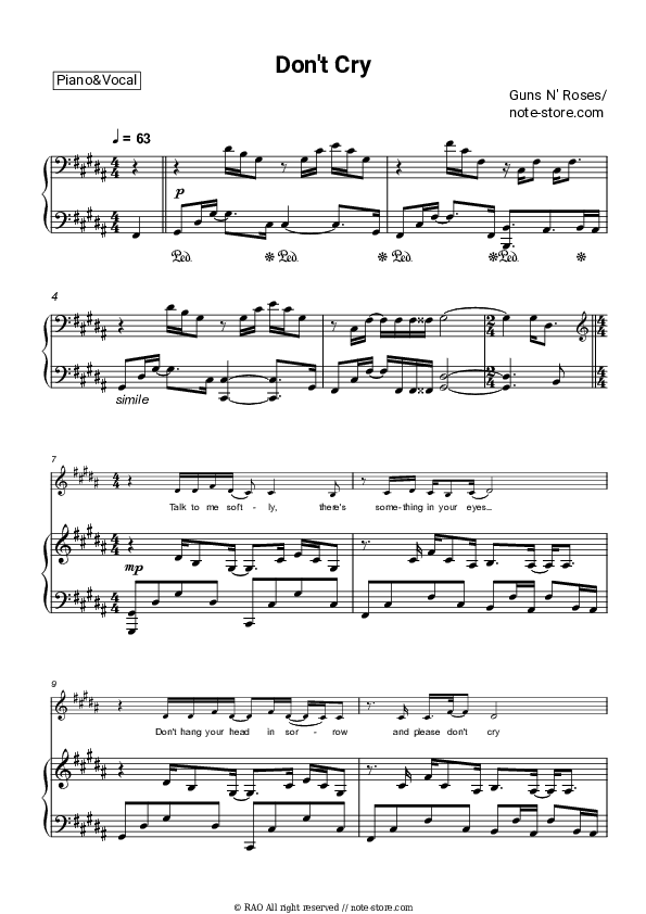 Don't Cry - Guns N' Roses Piano Sheet Music with the Voice part - Piano&Vocal