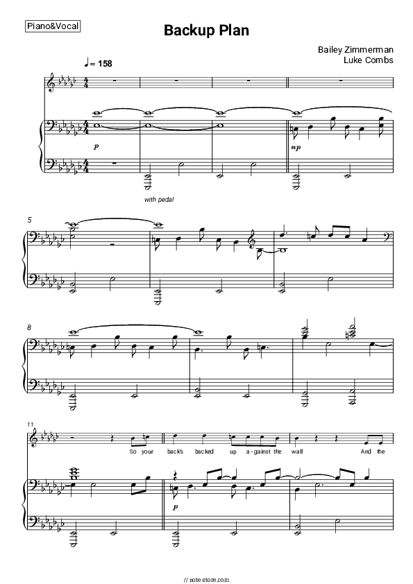 Backup Plan - Bailey Zimmerman, Luke Combs Piano Sheet Music with the Voice part - Piano&Vocal