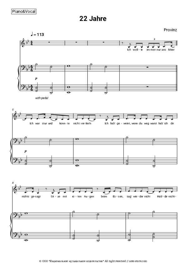 22 Jahre - Provinz Piano Sheet Music with the Voice part - Piano&Vocal