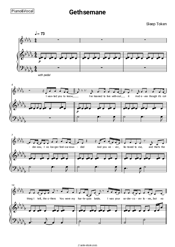 Gethsemane - Sleep Token Piano Sheet Music with the Voice part - Piano&Vocal