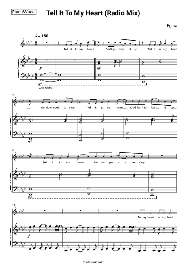 Tell It To My Heart (Radio Mix) - Egma Piano Sheet Music with the Voice part - Piano&Vocal