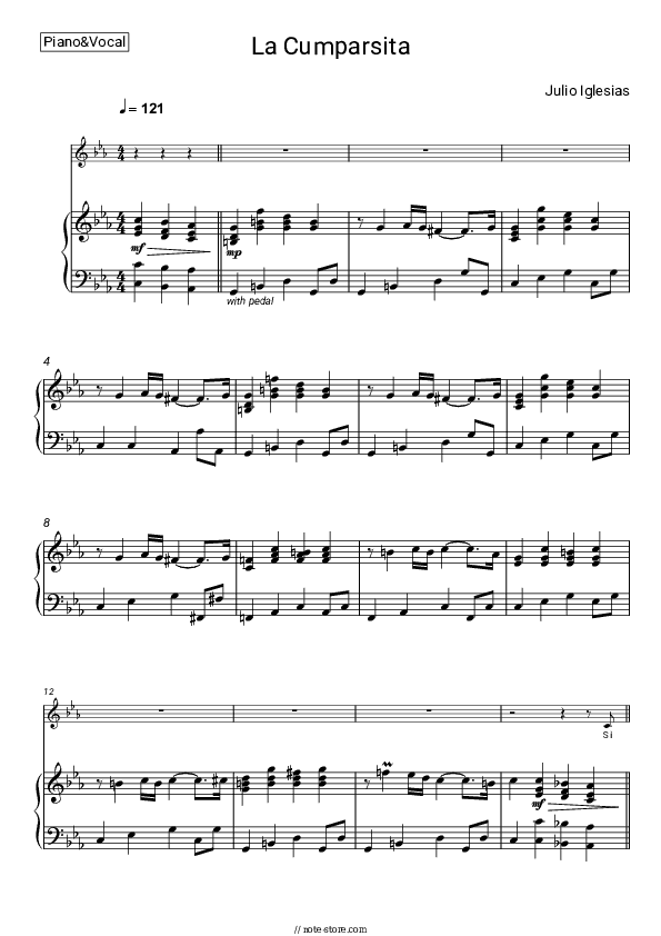 La Cumparsita - Julio Iglesias Piano Sheet Music with the Voice part - Piano&Vocal