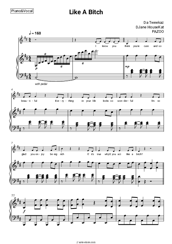 Like A Bitch - Da Tweekaz, DJane HouseKat, PAZOO Piano Sheet Music with the Voice part - Piano&Vocal