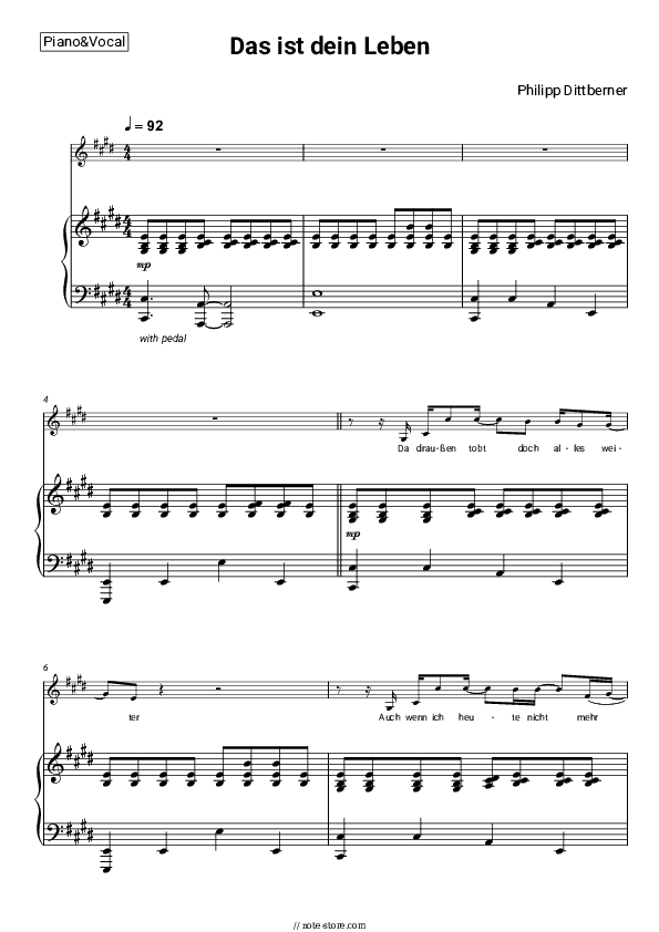 Das ist dein Leben - Philipp Dittberner Piano Sheet Music with the Voice part - Piano&Vocal