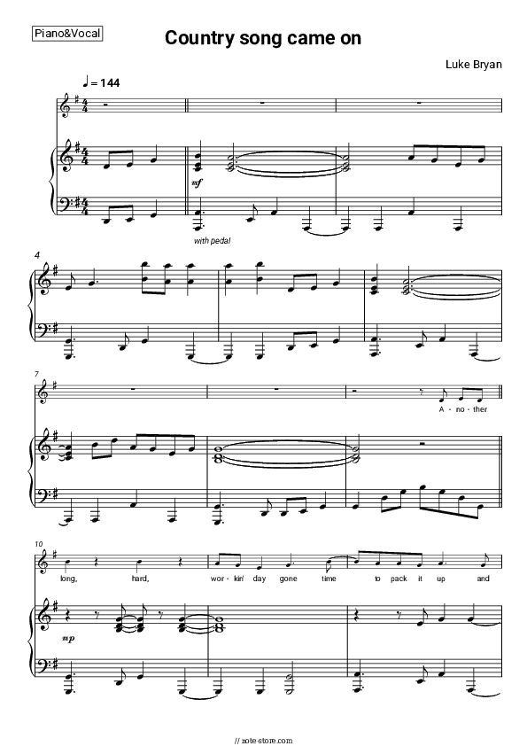 Country song came on - Luke Bryan Piano Sheet Music with the Voice part - Piano&Vocal