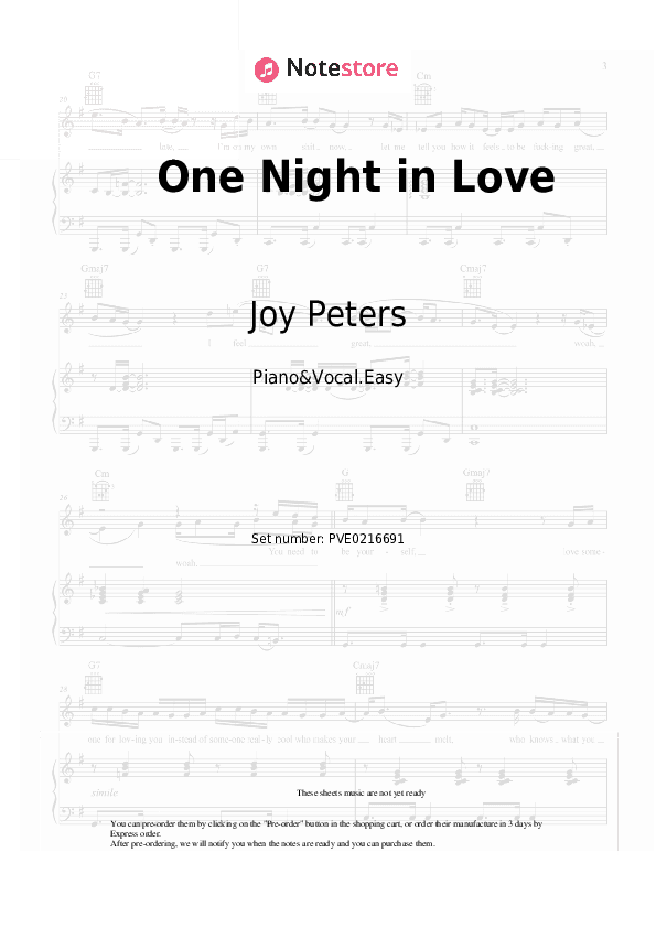 One Night in Love - Joy Peters Piano Sheet Music Easy and Vocal - Piano&Vocal.Easy