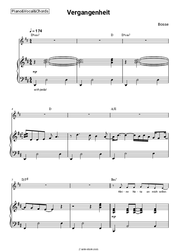 Vergangenheit - Bosse Piano Sheet Music with the Vocal and Chords - Piano&Vocal&Chords