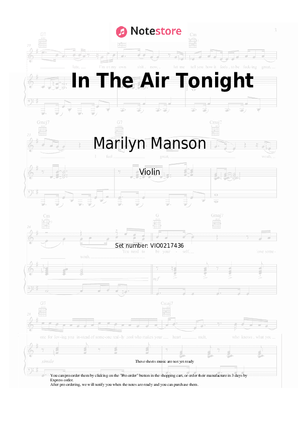 In The Air Tonight - Marilyn Manson Violin Sheet Music - Violin